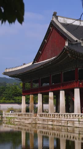 Gyeongbokgung Palace, Seoul, Jongno District, South Korea, in a spring sunny day, exterior view of main Korean royal palace with Bugaksan mountain in the background, museum and palace