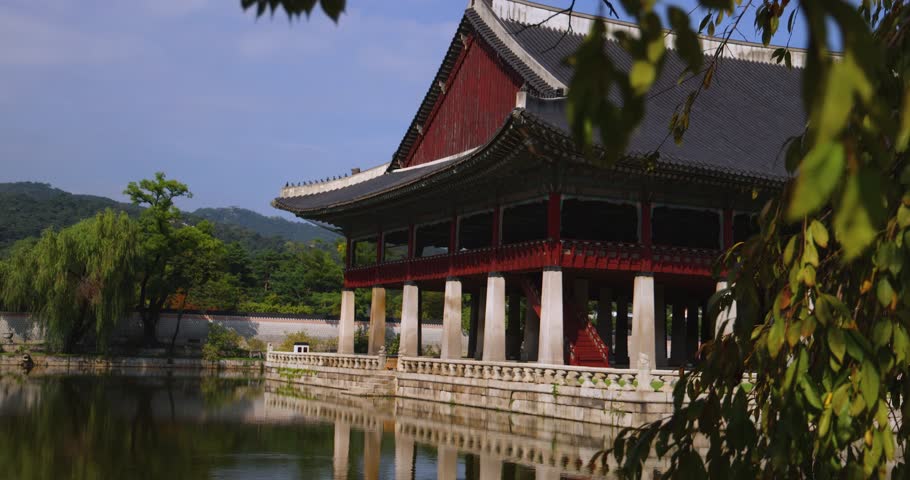 Gyeongbokgung Palace, Seoul, Jongno District, South Korea, in a spring sunny day, exterior view of main Korean royal palace with Bugaksan mountain in the background, museum and palace