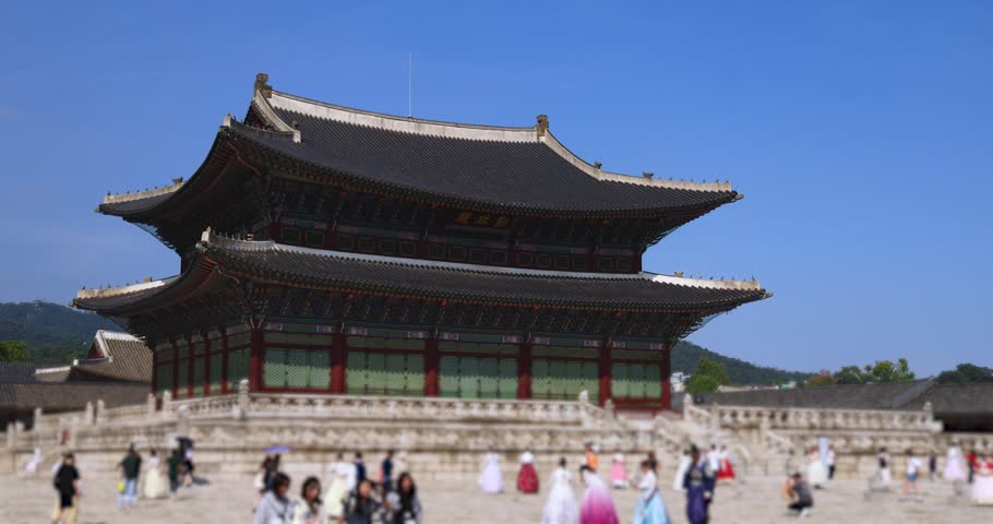 Gyeongbokgung Palace, Seoul, Jongno District, South Korea, in a spring sunny day, exterior view of main Korean royal palace with Bugaksan mountain in the background, museum and palace