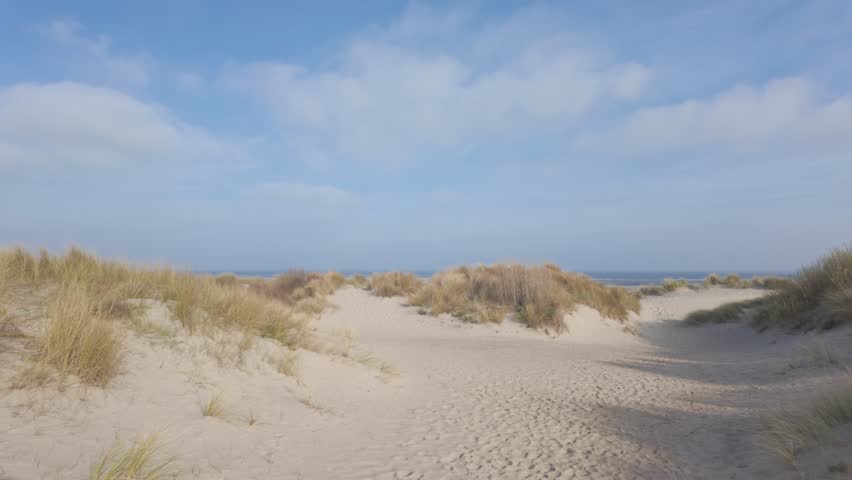 Peaceful Sand Dunes with Marram Grass Under Blue Sky - Coastal Nature Landscape Video