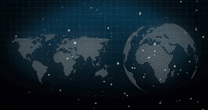 On start dotted globe rotating and flat map showing code while particles drifting for data display. World, visualization, grid, dashboard, motion, infographic, analytics - Powered by Shutterstock - Get 15% off with code: PIKWIZARD15