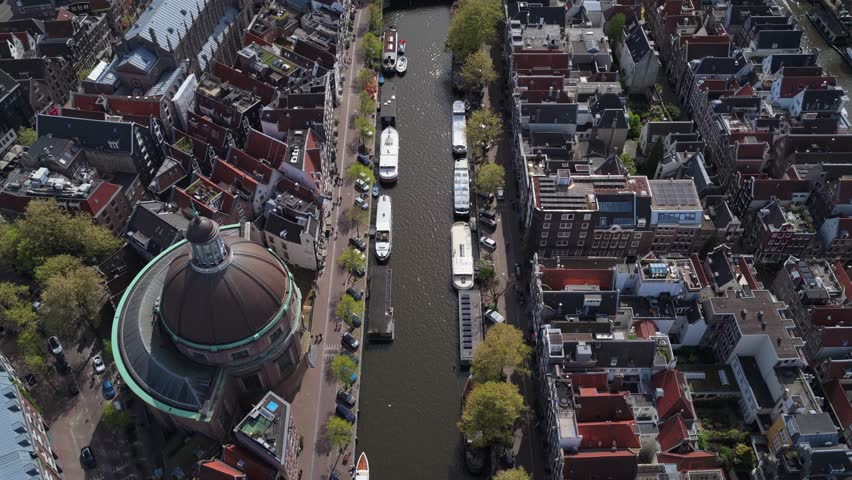 Aerial flight over Ronde Lutherse Kerk church and Amsterdam
