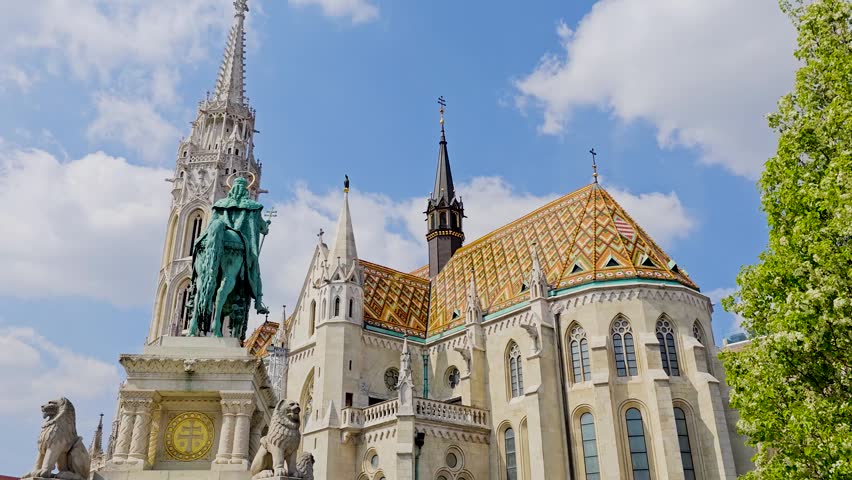The Church of Our Lady at Buda Castle in Budapest, historic Gothic landmark and famous Hungarian tourist attraction. Fishermans Bastion. 4K video footage