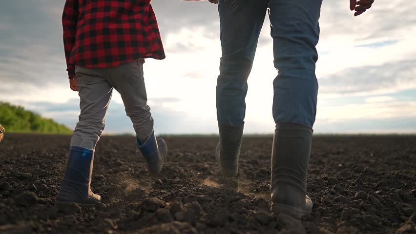Father and child holding hands while walking across large open field. Child looks up at sky beside father. Peaceful outdoor moment during sunset. Field and sky reflect bond between father and child