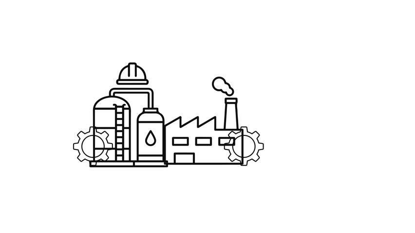 Animated line art icon depicting an industrial factory with oil tanks, gears, and a smoking chimney. Ideal for illustrating concepts of production, manufacturing, and energy.