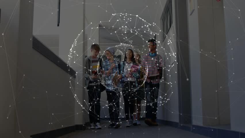 Four students walking forward in school corridor, activating net sphere centering tablet for study. Classmates, hallway, network, connectivity, learning, collaboration, dynamic
