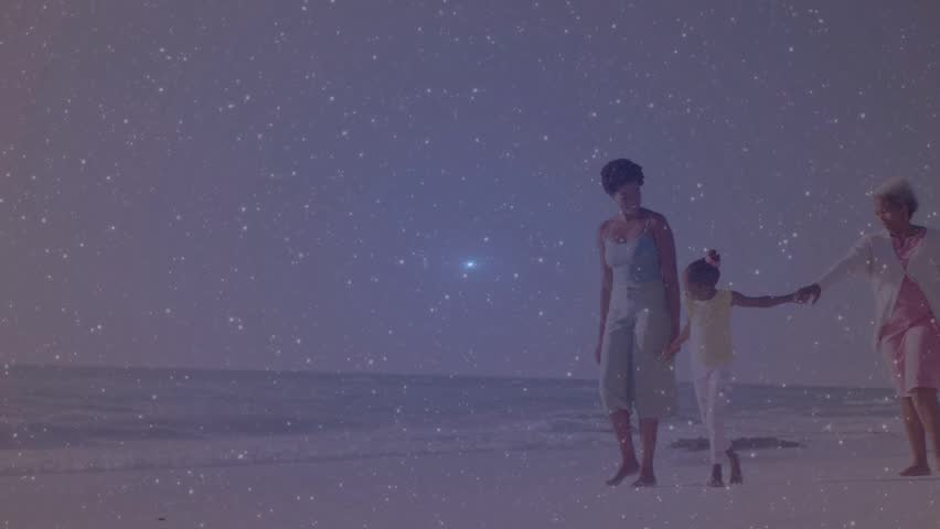 Two women and child walking shore, notifications emerging left, overlaying trio, showing marketing. Beach, multigenerational, family, pastel, lensflare, bubbles, serene