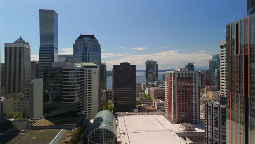 Seattle downtown skyline aerial above high rise buildings and streets
