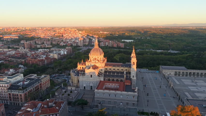 Aerial view of Royal Palace. Madrid. Spain. Medieval Buildings Landscape. Santa Maria Cathedral.