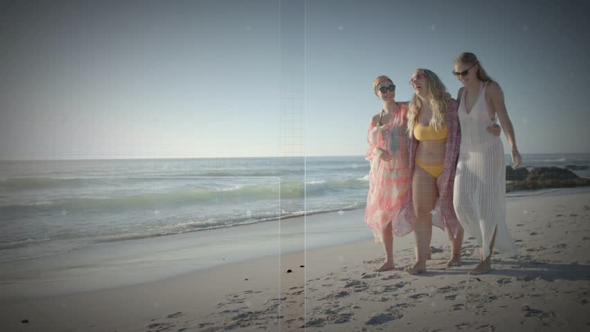 Three women walking along shoreline, blue HUD sweeping right revealing trio for marketing. Beach, friends, animated, circuit, fashion, sunglasses, coverups