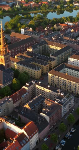 Copenhagen aerial view over christianshavn district during sunset showcasing urban architecture city.