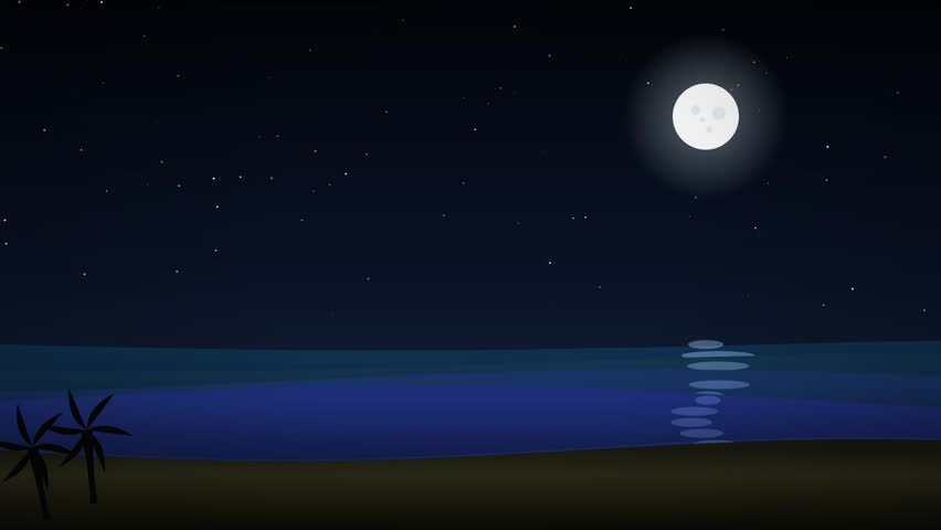Tropical beach night scene with full moon and stars