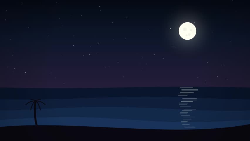 Tranquil Night Beach Ocean with Moon Reflection and Stars