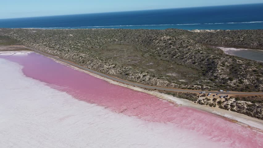 Top down view of pink salt lake Hutt Lagoon Western Australia