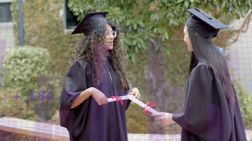 Graduates hugging celebrating grad after curly grad gesturing with diploma, purple data growing. Outdoor, campus, courtyard, mortarboard, glasses, friendship, celebration