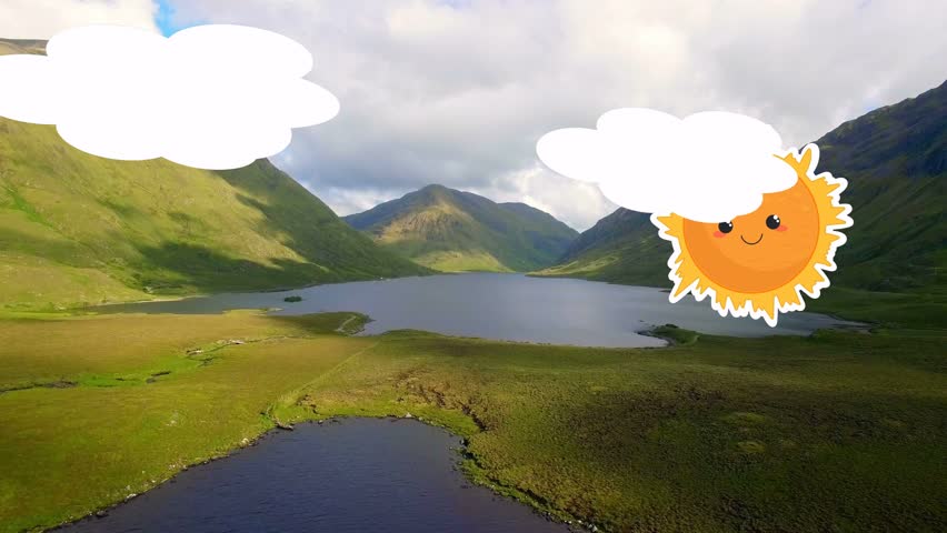 Clouds appearing, sun entering, drifting left, peeking or hiding, showing partly cloudy sky over lake. Aerial, valley, moorland, water, panorama, cartoon, overlay