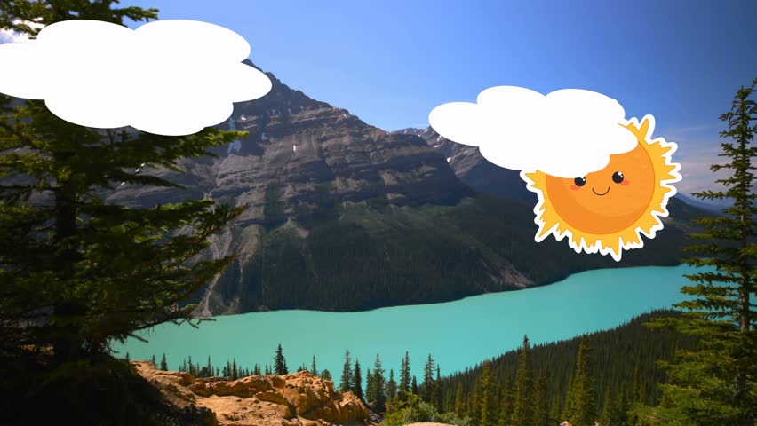 Cloud cutouts appearing top-left drifting across sky, briefly hiding smiling sun over lake panorama. Alpine, mountains, turquoise, water, forest, conifer, landscape