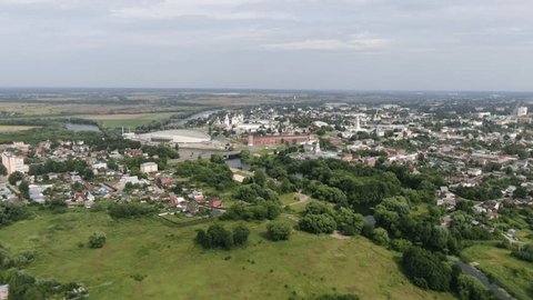 Aerial Drone View of River and Town Landscape