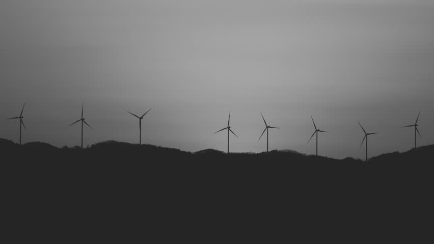Dramatic black and white view of wind turbines under a bright sky.