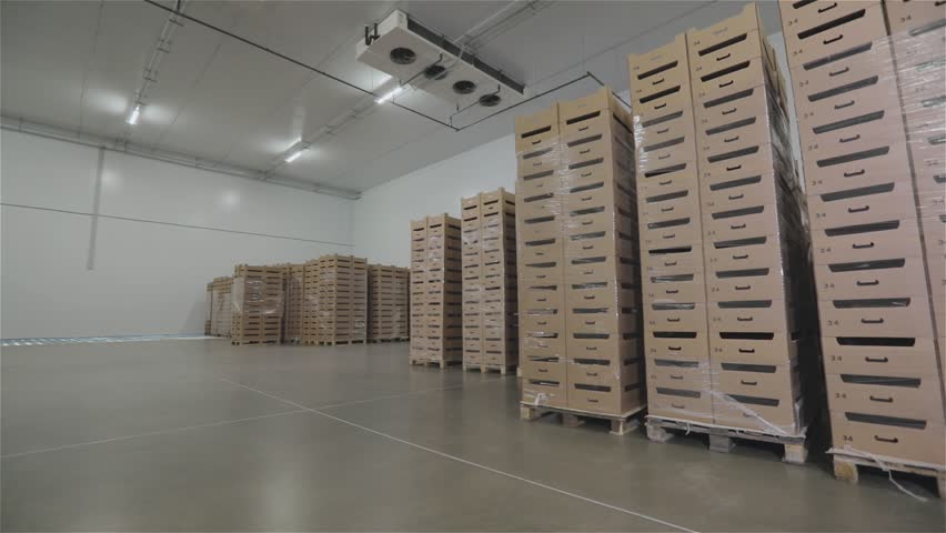 Large modern cold storage warehouse for storing vegetables and fruits inside. Large Cold Storage Logistics Warehouse for Vegetables Fruits Keeping.