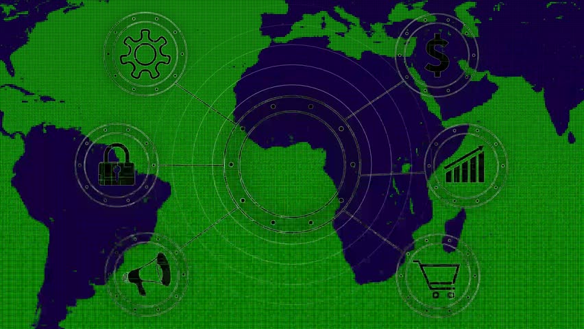 A global business concept with the word BIZ at the center, surrounded by for security lock, megaphone, gear, shopping cart, and growth chart on a pixelated map