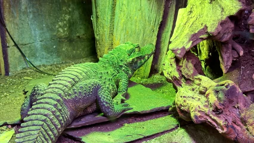 Vivid green Dwarf crocodile aka the African dwarf crocodile resting indoor terrarium environment.