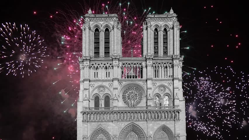 Celebratory fireworks over the Notre Dame de Paris (4K, time lapse), also known as Notre Dame Cathedral or simply Notre Dame, is a Gothic, Roman Catholic cathedral of Paris, France