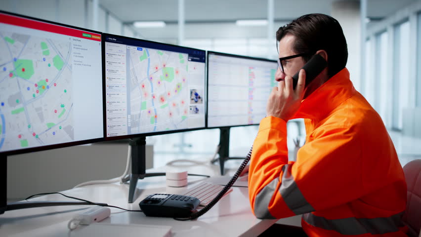 Person Taking Urgent Call At Emergency Service Center On Computer.