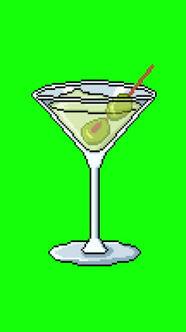 Cartoon Pixel Art Martini Cocktail with Moving Olives on Green Screen. 8-bit bar atmosphere, nightlife visuals, bar promotions, retro themed projects, VJ loops, motion graphic backgrounds
