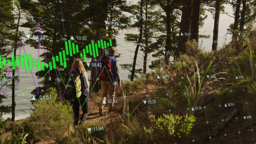 Hikers entering from left, walking coast trail, with green charts shifting for finance. Path, pine, forest, coastal, shore, outdoors, sunny