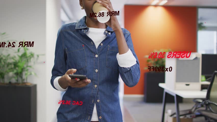 Office worker walking sipping coffee then scrolling phone reading messages with red black overlays. Professional, workplace, hallway, mobile, greenery, bold, vibrant