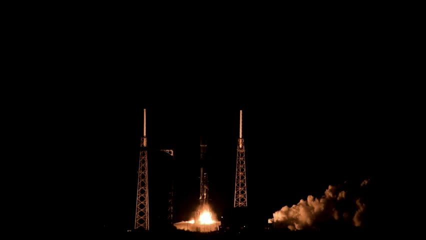 GPS III-8 Space Mission rocket launches from Cape Canaveral Space Force Station Florida at night.