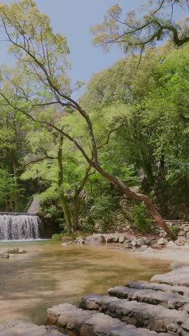 Scenic view of old stone steps and an artificial waterfall surrounded by fresh greenery