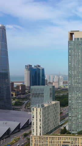 Vertical aerial view video of Songdo Central Park, Incheon City, South Korea	