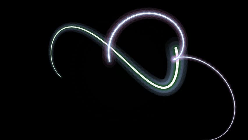 Dynamic abstract light painting with glowing neon lines forming curves and loops against a black background, showcasing motion and creativity.