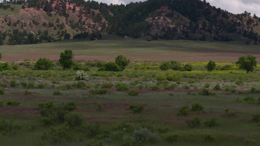 Nebraska, USA land formations in expansive open fields under overcast sky, tilt up shot