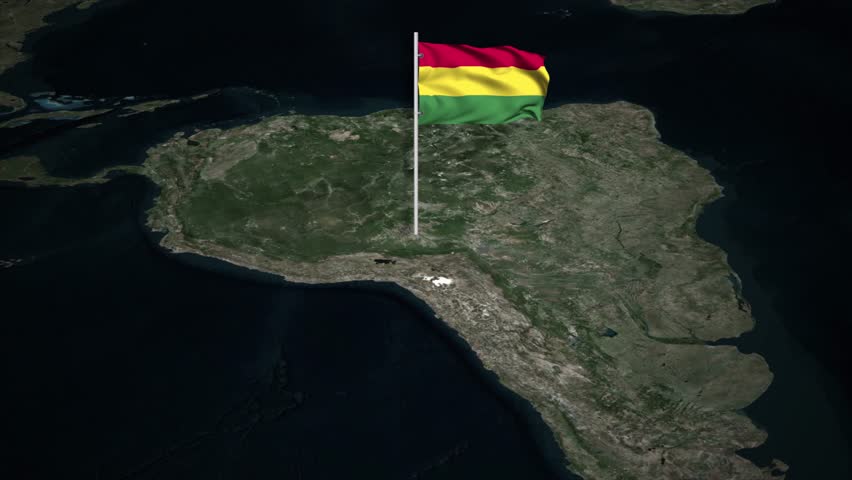 Animated satellite view of South America featuring the Bolivia border outline and national flag waving on a pole. Ideal for travel, news, and educational geography content.
