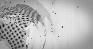 On data load dotted globe rotating while bar charts rising and lines animating, visualizing trends. Dashboard, analytics, metrics, histogram, waveform, grid, grayscale - Powered by Shutterstock - Get 15% off with code: PIKWIZARD15