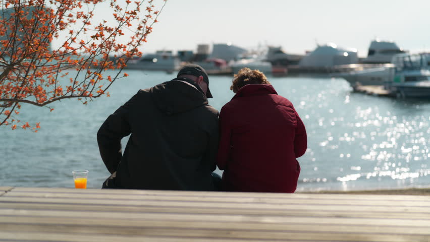 Back view of a loving elderly couple sitting on a park bench watching the sunset over a sea.