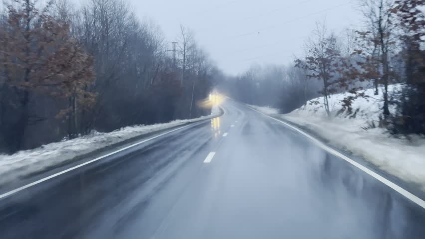 Driving on a Wet Winter Road With Snowy Shoulders and Bare Trees Through an Overcast Forest