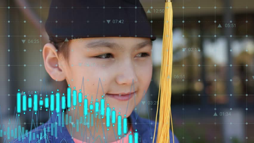 Data overlay appearing, grad in cap with yellow tassel shifting gaze, speaking, visualizing costs. Student, portrait, campus, outdoor, education, achievement, communication