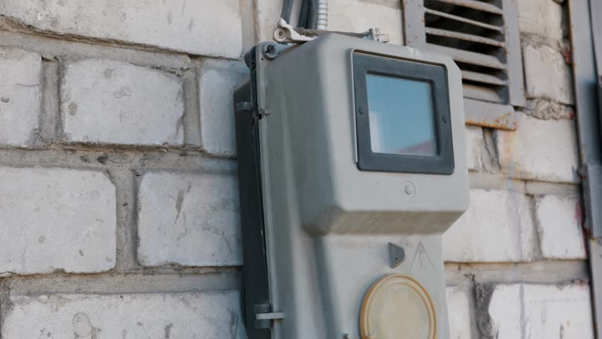 Gray electrical power meter box mounted on an exterior white brick wall of a building. The utility device monitors local energy consumption concept for residential infrastructure.
