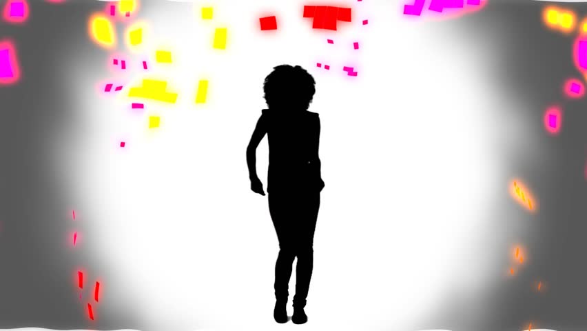 White glow pulsing behind silhouette, dancing and conveying energy as neon squares spiraling. Dancer, stage, tunnel, motion, rhythm, choreography, geometric