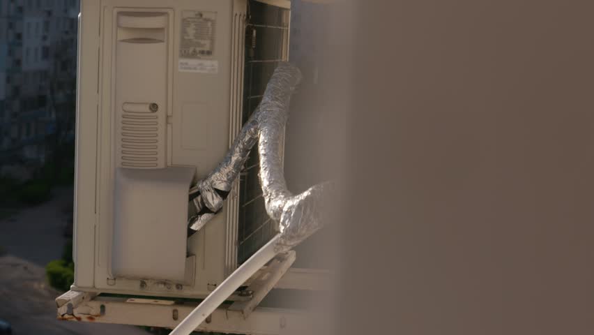 An outdoor air conditioning unit is mounted on a building wall with insulation pipes wrapped in silver foil. The external AC compressor system shows signs of wear and maintenance in the city.