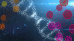 Helix rotating and undulating while spark traveling along axis, nodes pulsing, linking networks. Dna, spiral, particles, glow, luminous, starfield, circles - Powered by Shutterstock - Get 15% off with code: PIKWIZARD15