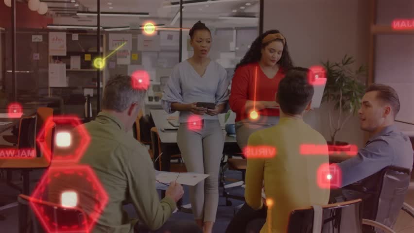 Left man reading papers starting office meeting, blue leader leading with tablet red HUD sweeping. Presenter, teamwork, conference, glass, workspace, collaboration, devices