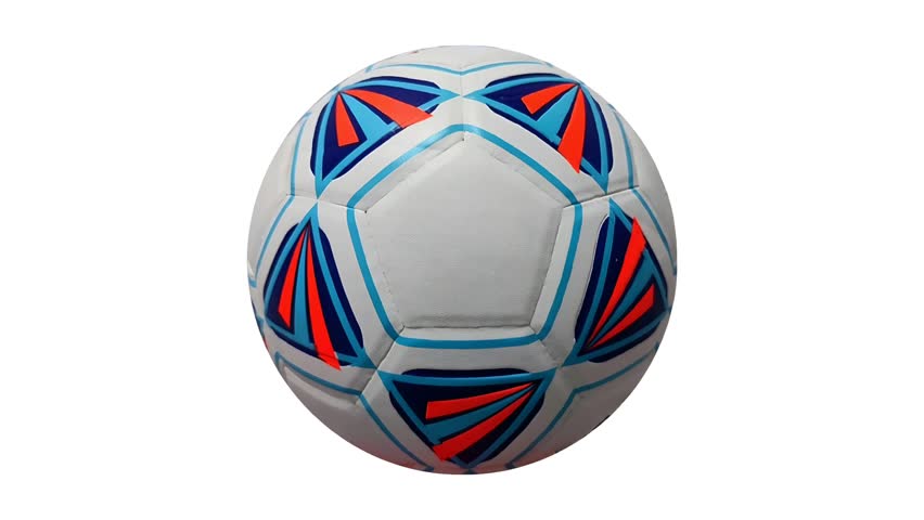 A close-up of a soccer ball with a white base and geometric patterns in blue and red, showcasing a modern design against a clean white background.