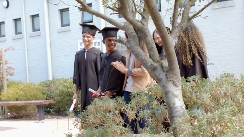 Graduates walking on school quad post-ceremony, adult guiding, animated charts overlaying group. Campus, grad, cap, gown, diploma, laughter, courtyard