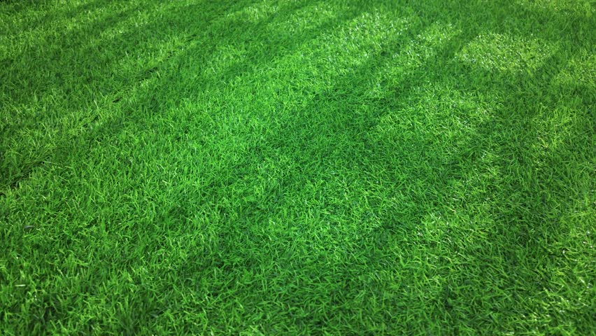 Close-up of artificial green grass with a uniform, dense texture under bright sunlight. Soft diagonal shadows fall across the synthetic turf, highlighting its consistent fibers and vibrant color, ideal for sports surfaces, landscaping, or background use.