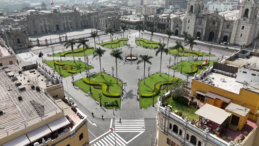 Government Palace In Metropolitan Region Of Lima In Peru. Plaza De Armas Landscape. Downtown District. Cultural Heritage. Government Palace In Metropolitan Region Of Lima In Peru. Tourism Landmark.